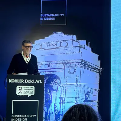 Our principal, Amit Arora, speaking at Kohler's PechaKucha event on "Sustainability in Design." He shared our firm's philosophy that every design choice, big or small, creates a ripple effect, and that responsible choices can transform design and enhance functionality.