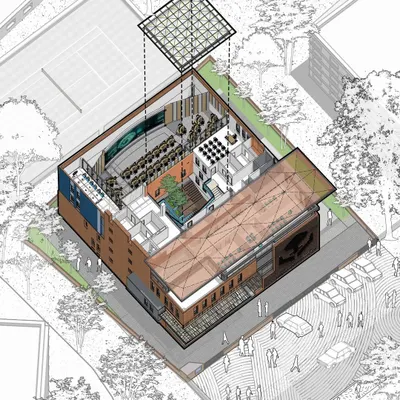 An exploded axonometric drawing of the Nirbhaya Centre. This diagram shows how we organized the different functions, including the command center and counseling spaces, around a central, light-filled atrium.