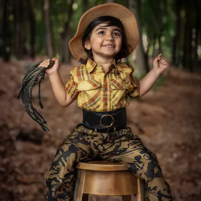 Our little cowgirl exploring the woods! The natural forest background is the perfect setting for an adventurous and imaginative themed shoot.