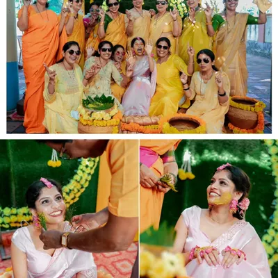 A collage from a fun-filled Haldi ceremony, showing the bride tribe having a blast and the bride getting lovingly smeared with turmeric.