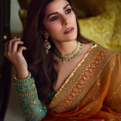 A beautiful portrait of Nimrat Kaur. For this celebrity makeup look, I focused on creating a warm, inviting gaze with soft brown tones and defined lashes, ensuring she looked captivating on camera.