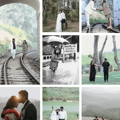 A collage showcasing the variety of scenes from a single pre-wedding shoot in Ooty, from romantic moments on railway tracks to scenic mountain views.