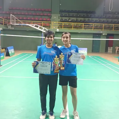 Our U17 girls doubles team, Navya and Sanjana, proudly holding their trophies after reaching the semi-finals at the Karnataka State Sub Junior Championship.