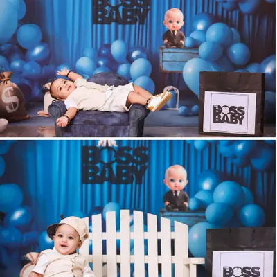 A fun "Boss Baby" themed photoshoot for a little one's milestone. This collage shows two poses from the session, complete with a suit, balloons, and a playful attitude.