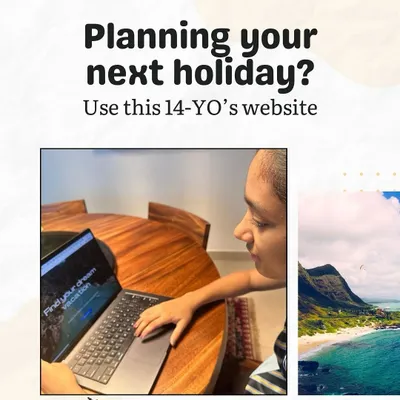 This is 14-year-old Sri, the creator of the 'Travel Express' website, working on her project. It shows the hands-on process of turning an idea into a functional website, a core part of my web development curriculum.