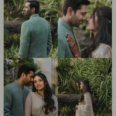 A four-panel collage capturing different moments from an engagement session, including candid embraces, individual portraits, and romantic gazes, all set in a lush green environment.