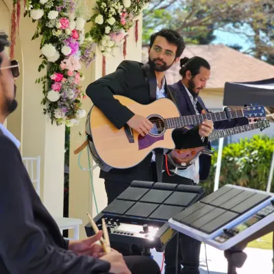 Here’s a look at the full band setup for a recent wedding event. We bring a professional and polished performance, complete with guitars, keys, and percussion, to make your celebration unforgettable.