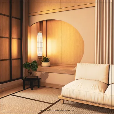 A Japanese-inspired living room design featuring a minimalist sofa, tatami mats, and a beautiful wooden accent wall with a circular cutout and soft, ambient lighting.