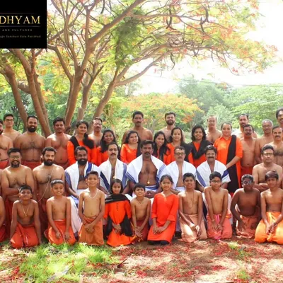 Our 2024 batch of Chenda students with their respected gurus. This group photo represents the bond between teacher and student that is at the heart of our Kalavadhyam family.