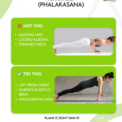 Let's perfect your Plank Pose (Phalakasana). Avoid sagging hips and a strained neck. Instead, lift from the chest with relaxed shoulders to build true core strength.