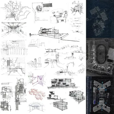 The journey of every project begins with an idea, captured through hand-drawn sketches. This collage shows the initial conceptual explorations for various projects, from large-scale master plans to detailed architectural forms.