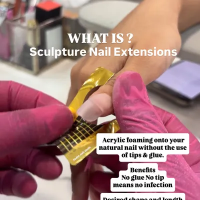 This graphic explains it all. Sculpted extensions are created by foaming acrylic onto a form, without the need for tips or glue. The benefits are huge: no risk of infection from trapped moisture, a lighter feel, and the ability to create any desired shape and length.