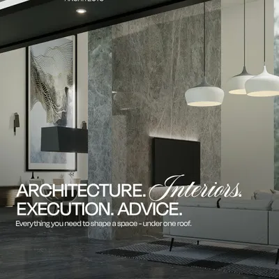 We offer everything you need to shape a space under one roof. This image of a modern living room represents our core services: Architecture, Interiors, Execution, and Advice, delivering a complete design-build solution.