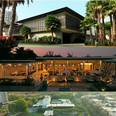 A collage of the BLVD CLUB, featuring day and night shots of the clubhouse, pool area, and a wide aerial view of the entire property.
