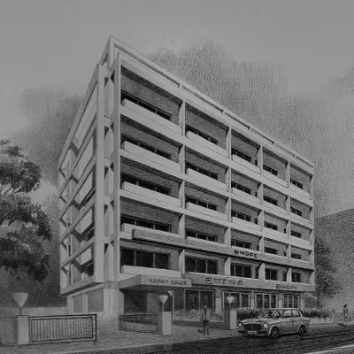 An architectural sketch of Ramon House, where HDFC Limited began. This was my first time doing architectural rendering, and the challenge was to recreate the vintage look of the 1990s.