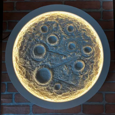 A stunning, handcrafted moon lamp with a textured surface and backlighting. In my workshops, you can learn to create your own glowing moon masterpiece to add a magical touch to your home.