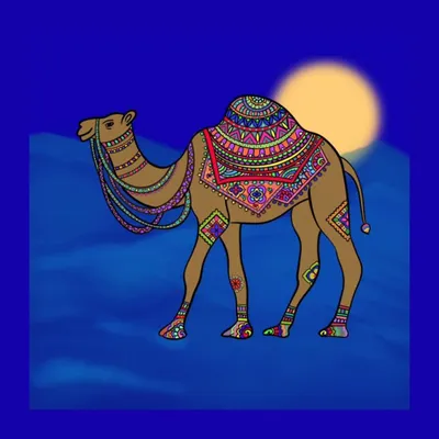 This royal camel is dressed in patterns inspired by the rich textile traditions of Kachchh. I wanted to capture the feeling of a desert festival, blending traditional embroidery motifs with a bold, modern color palette.