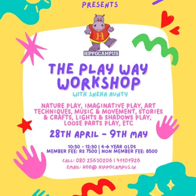 Join the Play-Way Workshop with Sneha Aunty! This summer program is designed to help children lead their own play through nature, art, music, and imaginative fun.
