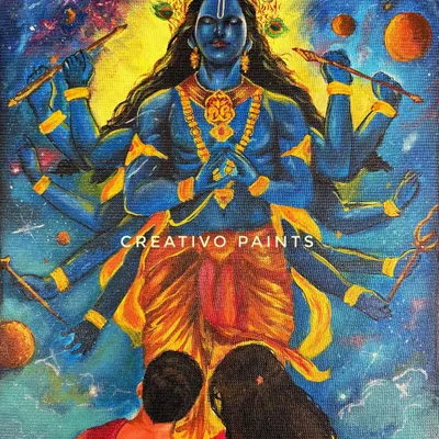 A close-up of my acrylic painting of Lord Vishnu's Vamana avatar. This shot highlights the vibrant colors and intricate details of the deity against a cosmic background.