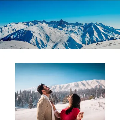 A collage capturing the epic scale of the snow-covered mountains in Kashmir. This sets the scene for a truly unforgettable destination pre-wedding shoot.