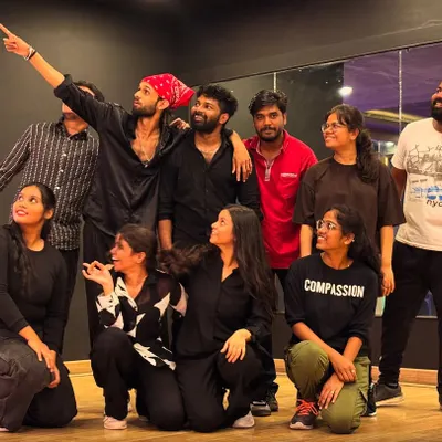 This is our Bollywood 8-9 PM squad. After we film our routines, we always take a moment to celebrate our hard work with a group photo.