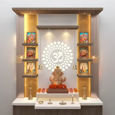 This 3D render showcases a modern pooja unit design. It features a backlit "Om" symbol, open shelves for idols, and a white cabinet for storage. The wooden and gold accents add a touch of warmth and divinity.