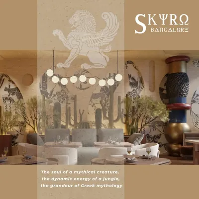 This is Skyro, a concept for a restaurant in Bangalore inspired by the grandeur of Greek mythology and the dynamic energy of a mythical jungle. The design blends earthy surfaces with majestic forms to create a unique and immersive dining experience.