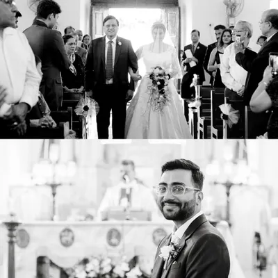 The moment the groom sees his bride walking down the aisle with her father. This split-image captures both powerful perspectives in one frame.