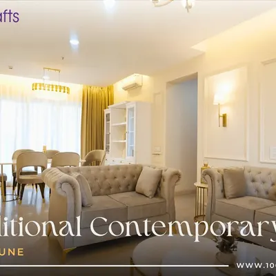 This traditional contemporary 3BHK in Pune is a masterpiece of storytelling. The living and dining areas are bathed in warm light, with classic tufted sofas and elegant wall molding creating a timeless and inviting atmosphere.