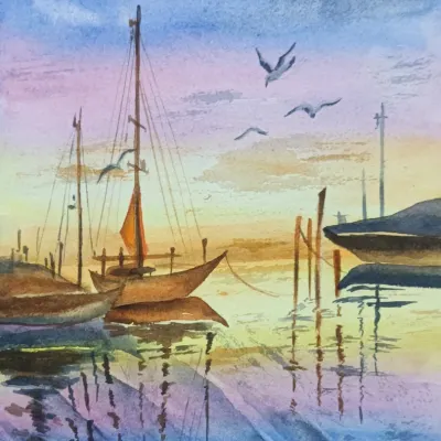 A watercolour painting of boats at a harbour during sunset. This piece focuses on capturing the reflection of the sky on the water and creating a calm, serene atmosphere.