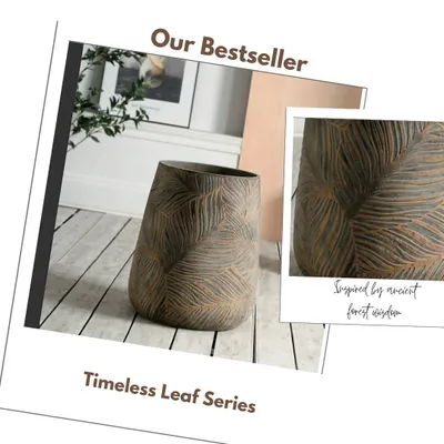 This is my bestselling Timeless Leaf Series, a collection I am very proud of. These planters are handcrafted from Glass Reinforced Cement, which makes them much lighter than traditional cement but just as durable. The hand-textured leaf engraving is inspired by the calm of the forest, perfect for bringing a peaceful, earthy feel to your home.