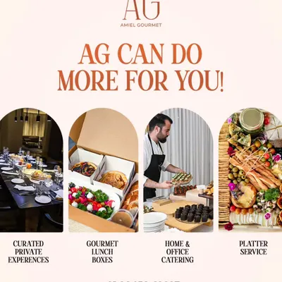 AG can do more for you. This graphic provides an overview of our services, including curated private experiences, gourmet lunch boxes, home and office catering, and our popular platter service.