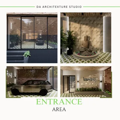 This collage presents the complete entrance area design for a clinic. It showcases the key features I designed to create a tranquil experience, including a serene Buddha statue, custom jali screens, integrated planters, and a welcoming parking area.