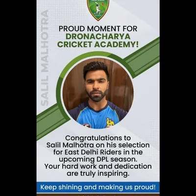 A proud moment for our academy. We congratulate Salil Malhotra on his selection for the East Delhi Riders in the DPL season. His dedication is an inspiration to all our players aiming for professional leagues.