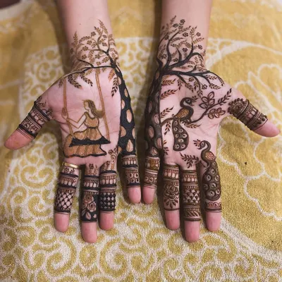 A classic Teej festival design. One hand features a woman on a swing under a tree, while the other is adorned with beautiful peacocks, celebrating nature and joy.