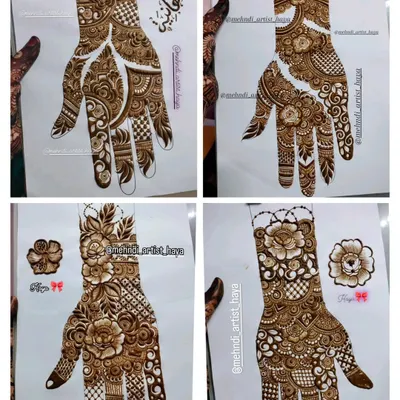 A collage of four different hand designs, each with a unique style. You can see examples of negative space, dense floral patterns, and geometric grids.
