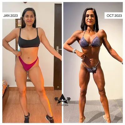 My 10-month transformation for the WNBF stage. On the left is January 2023, and on the right is my stage-ready condition in October 2023. This journey was about pushing my limits as a natural athlete.