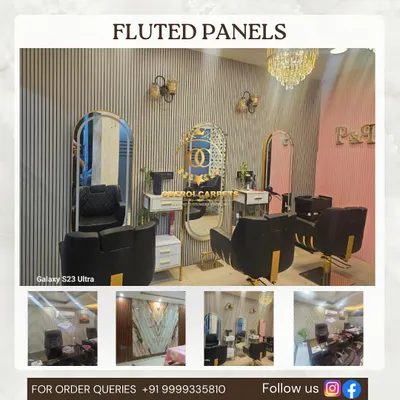 A complete look at a salon we designed using our fluted panels. The panels create a chic, high-end atmosphere that is also durable and easy to maintain, perfect for a busy commercial space.