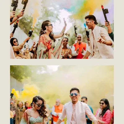 A high-energy collage showing the couple's grand entrance to their Haldi ceremony, surrounded by friends with colorful smoke guns creating a festive cloud.