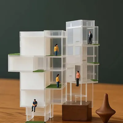 An experimental acrylic model exploring vertical living concepts. Using miniature figures helps us visualize human scale and experience within the architectural forms we create.