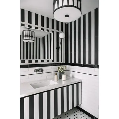 This media lounge powder room at Eden House uses dramatic black and white stripes on the walls and vanity to create a space with immense personality and style. It's where bold drama finds a cozy home.