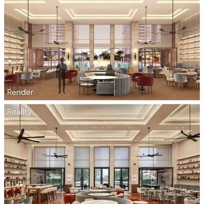 This side-by-side comparison of the Elevate Clubhouse shows the remarkable accuracy from render to reality. Every element, from the lighting to the furniture placement, was executed to match the original vision.