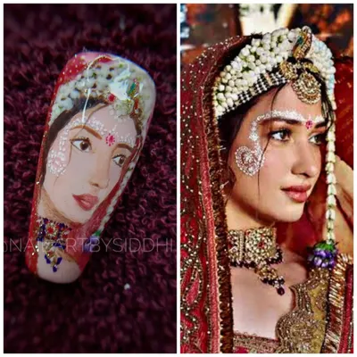 A side-by-side comparison of my hand-painted nail portrait of Tamannaah as Radha Rani and the original image. This is the level of realism we aim for in my advanced portrait class.