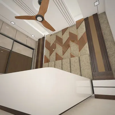 A 3D design concept for a modern bedroom. This render shows a custom headboard with a geometric pattern using a mix of fabric, wood, and reflective surfaces.