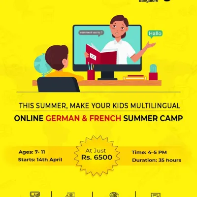 Give your child the gift of a new language with our online summer camp. This graphic details our German and French program for kids aged 7 to 11, including the 35-hour duration, live class format, and affordable pricing. It's a perfect way to introduce them to a new culture and skill.