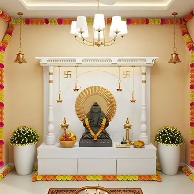 This design shows a dedicated pooja space defined by a simple, elegant white mandap structure. The unit itself is a clean-lined console with three storage cabinets, providing a stable and spacious platform for a large idol. The setup is perfect for a small room or a quiet corner.