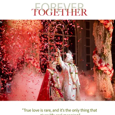 An absolutely magical moment as the newly married couple is showered with red confetti. This shot, titled "Forever Together," is the epitome of a grand, celebratory wedding portrait.