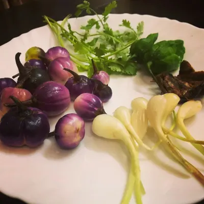 A beautiful plate of the fresh ingredients that form the base of my Naga recipes. You can see the vibrant titaguti, fresh Naga lehsun, coriander, basil, and a piece of ngari (fermented fish).