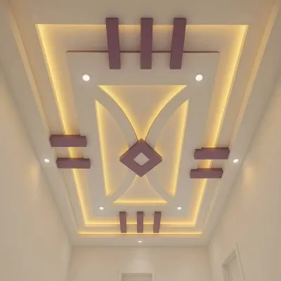 This design for a long room or hallway uses rectangular elements and curved cutouts to create a sense of movement. The warm cove lighting and spotlights provide balanced, ambient illumination.