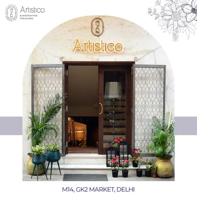 This is our home, Artisttico Decor, located at M14 in the GK-2 market in Delhi. We've designed our store to be a welcoming space where you can discover handcrafted treasures and join our creative workshops. We invite you to come visit us.